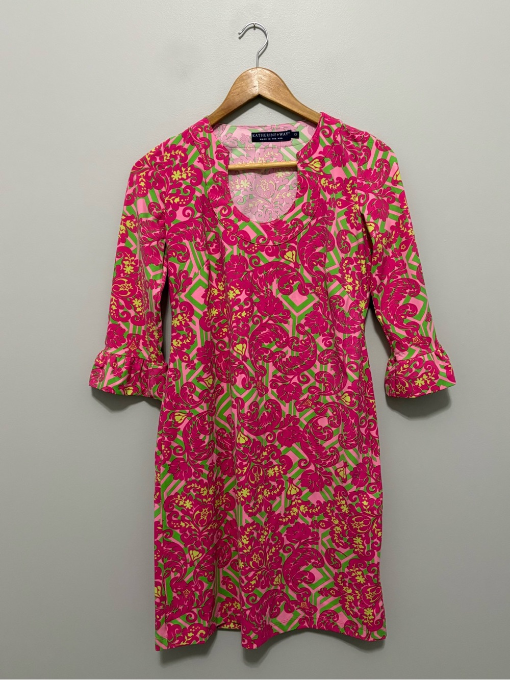 Katherine Way Preppy Bright Pink & Lime Floral Ruffle Cuff Shift Dress